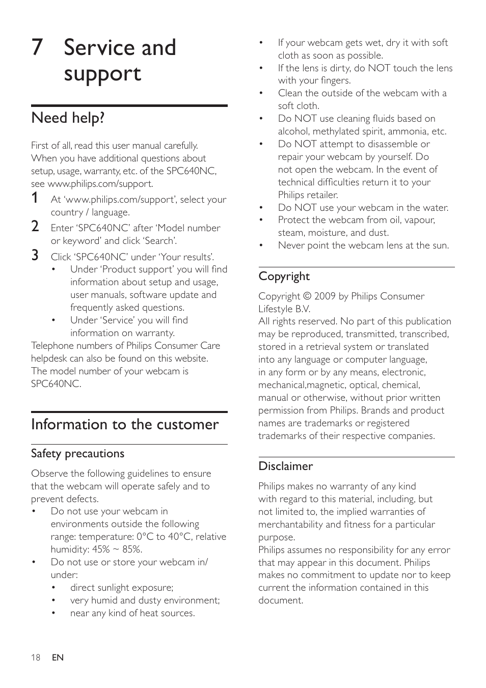 7 service and support, Need help, Information to the customer | Philips SPC640NC-00 User Manual | Page 19 / 22