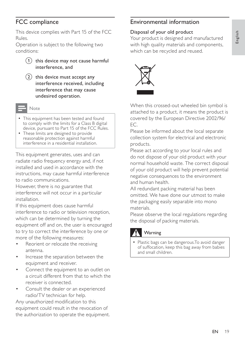 Environmental information, Fcc compliance | Philips SPC640NC-00 User Manual | Page 20 / 22