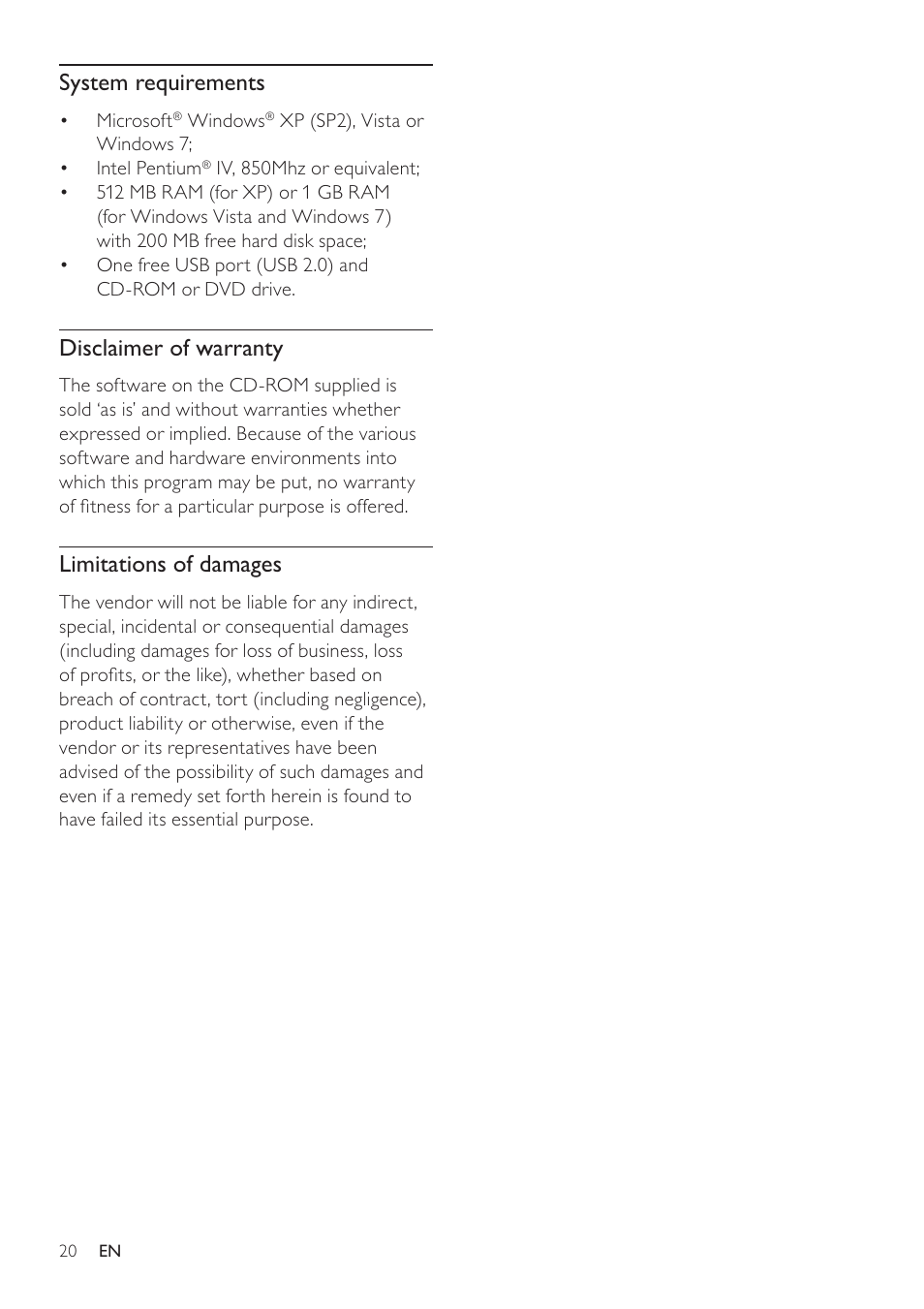 System requirements, Disclaimer of warranty, Limitations of damages | Philips SPC640NC-00 User Manual | Page 21 / 22