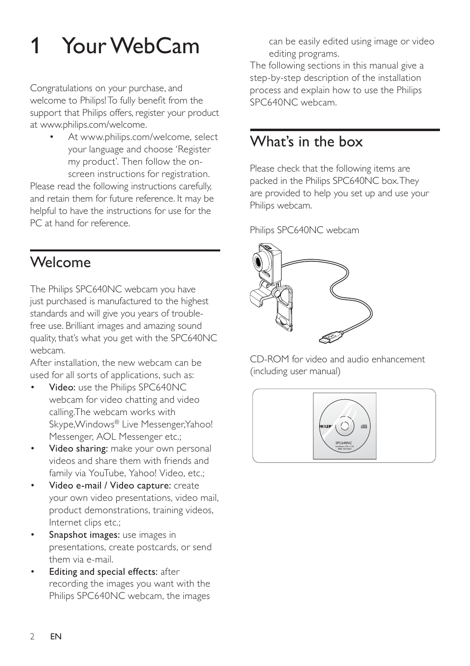 1 your webcam, What’s in the box, Welcome | Philips SPC640NC-00 User Manual | Page 3 / 22