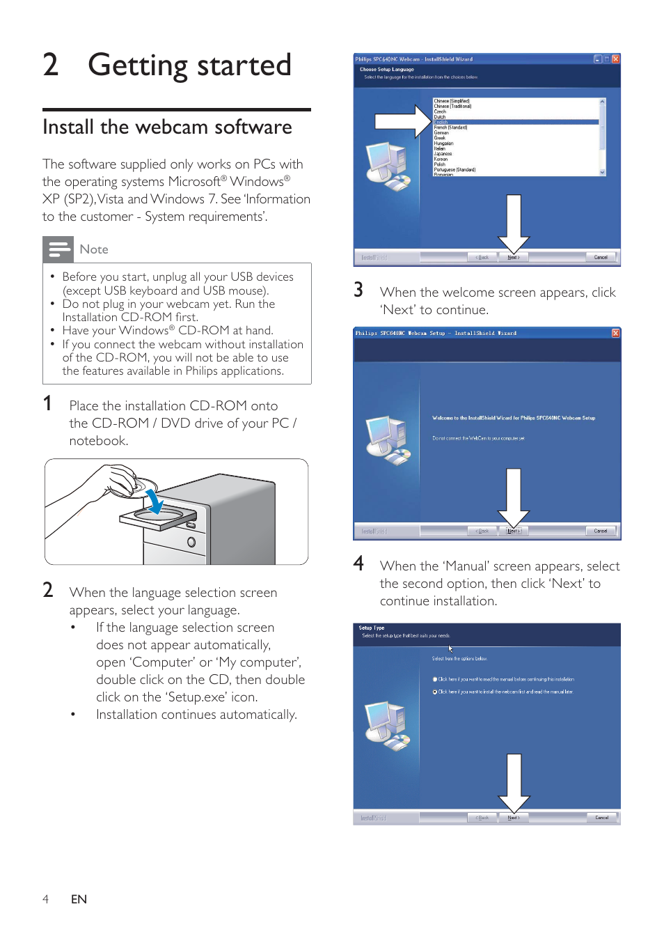 2 getting started, Install the webcam software | Philips SPC640NC-00 User Manual | Page 5 / 22