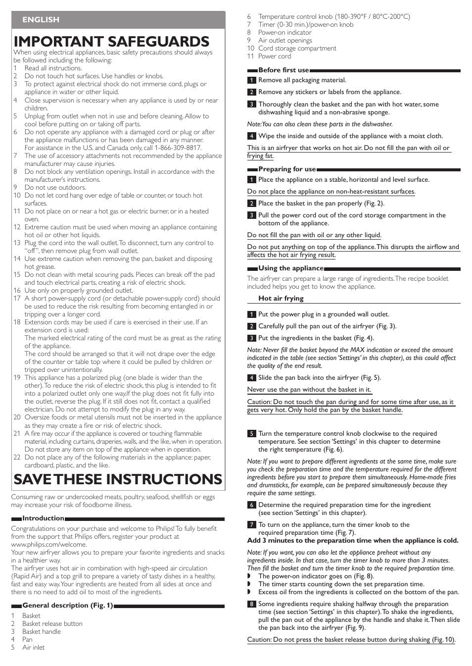 Important safeguards, Save these instructions | Philips HD9220-26 User Manual | Page 2 / 11