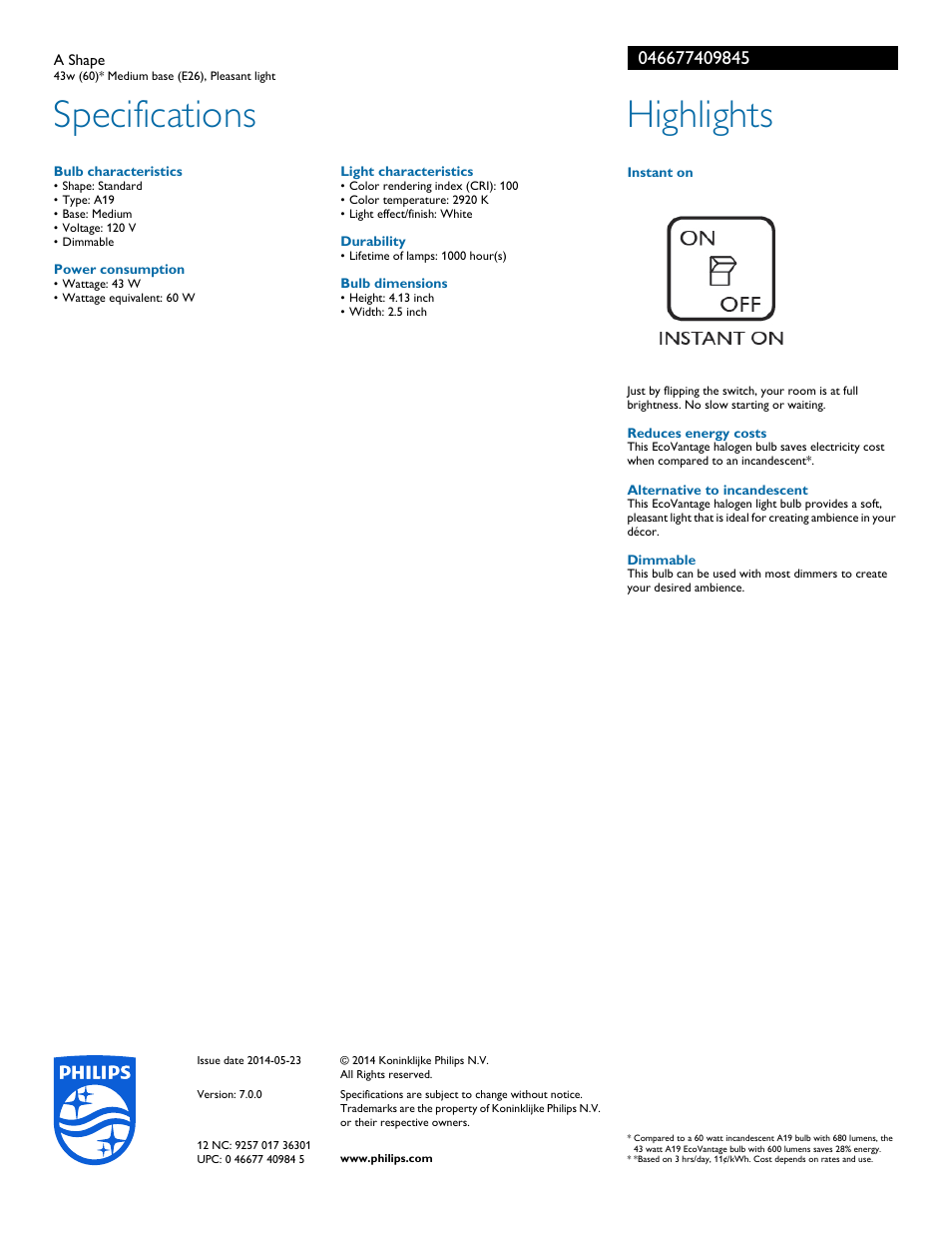 Specifications, Highlights | Philips 046677409845 User Manual | Page 2 / 2