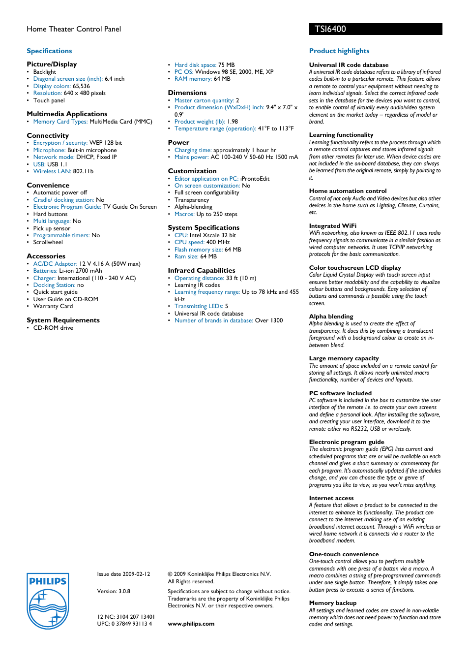 Tsi6400 | Philips TSI6400 User Manual | Page 2 / 2