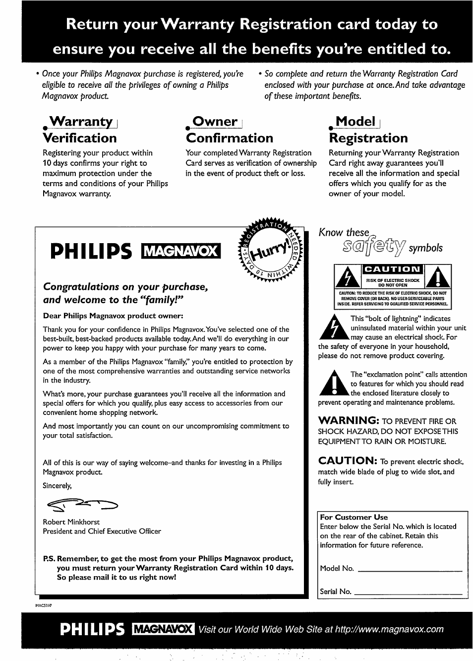 Philips, Rrfimrm, Warranty i venficatlon | Owner i confirmation, Model i registration, Magnavox | Philips FB209W-17 User Manual | Page 2 / 13