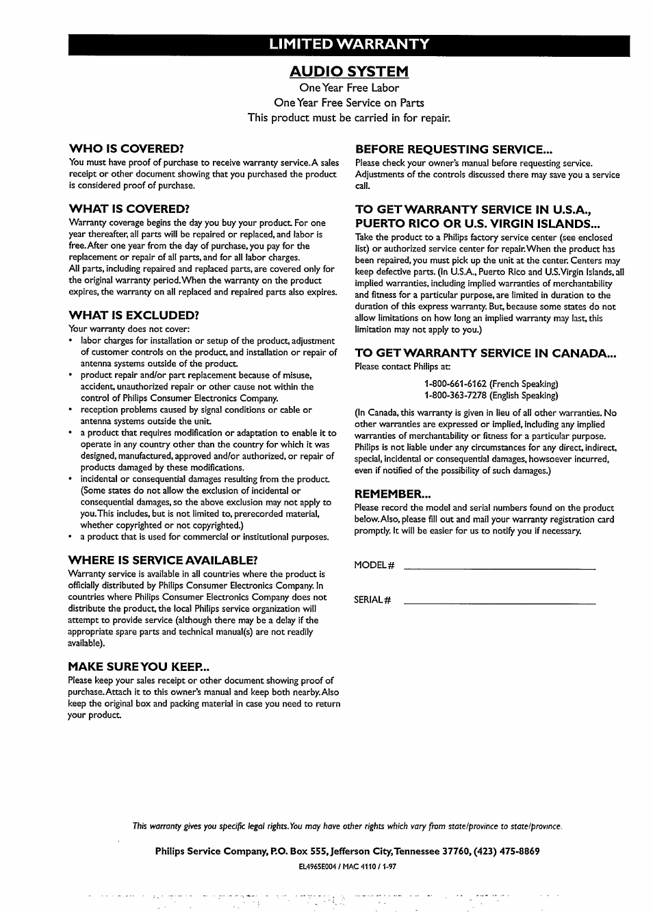 Who is covered, What is covered, What is excluded | Where is service available, Make sure you keep, Before requesting service, To get warranty service in canada, Remember, Limited warranty audio system | Philips FB209W-17 User Manual | Page 4 / 13