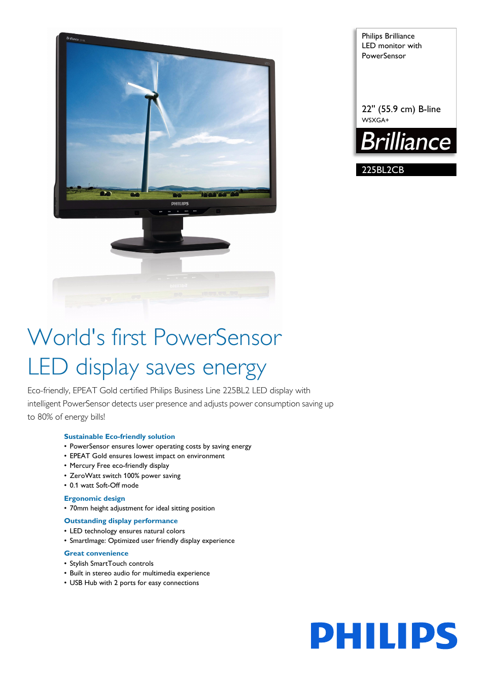 Philips Brilliance LED monitor with PowerSensor 225BL2CB 22'' 55.9 cm B-line WSXGA+ User Manual | 3 pages