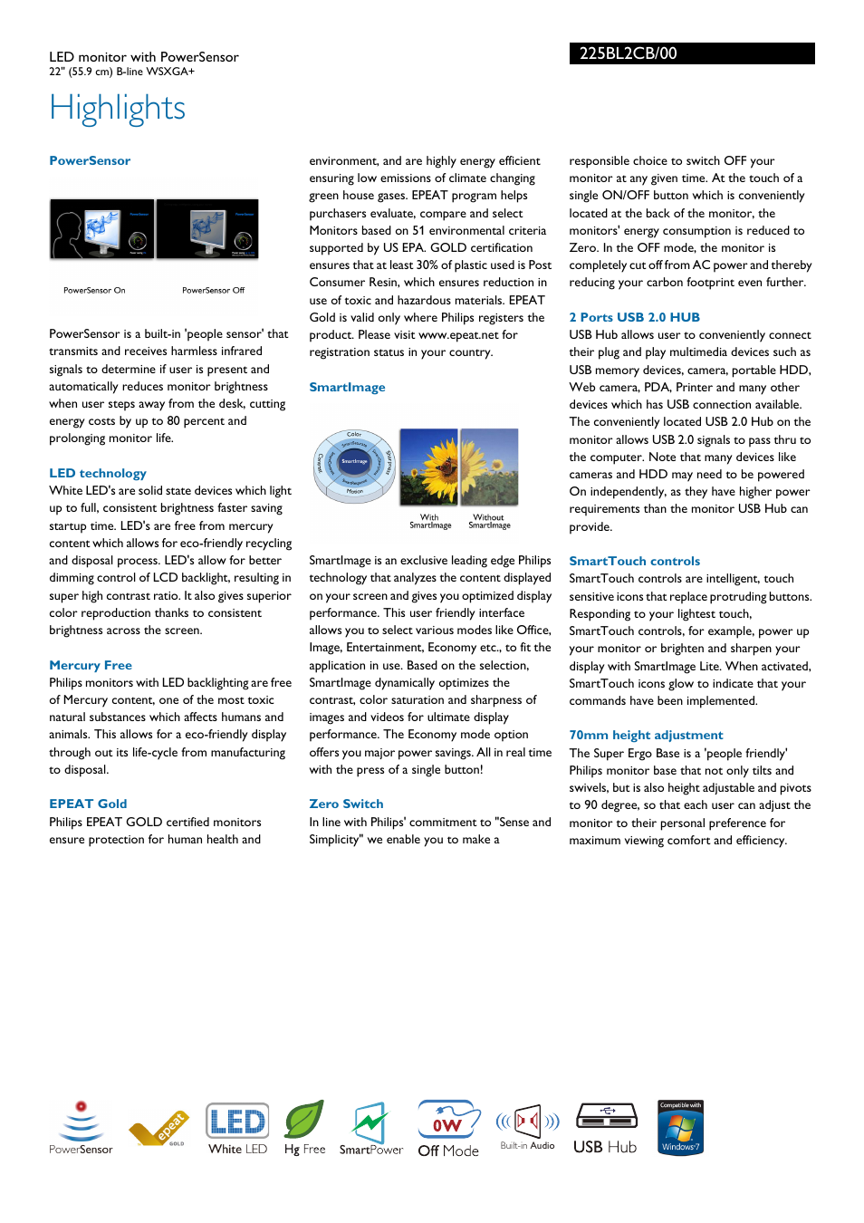 Highlights | Philips Brilliance LED monitor with PowerSensor 225BL2CB 22'' 55.9 cm B-line WSXGA+ User Manual | Page 2 / 3