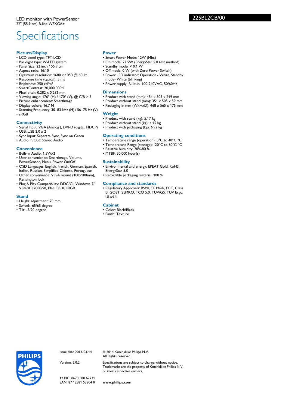 Specifications | Philips Brilliance LED monitor with PowerSensor 225BL2CB 22'' 55.9 cm B-line WSXGA+ User Manual | Page 3 / 3