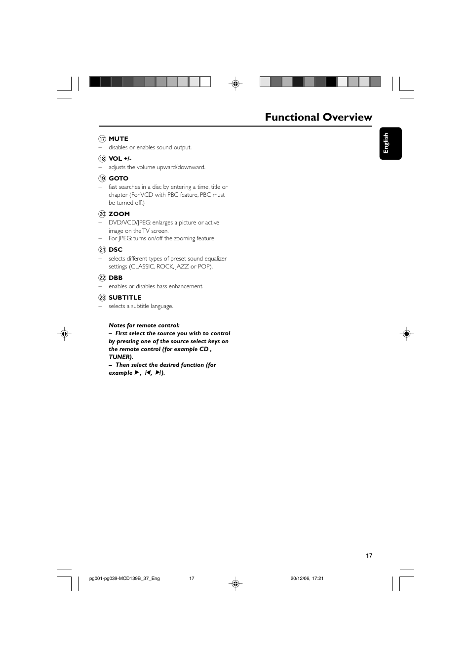 Functional overview | Philips DVD Micro Theater MCD139B User Manual | Page 17 / 40