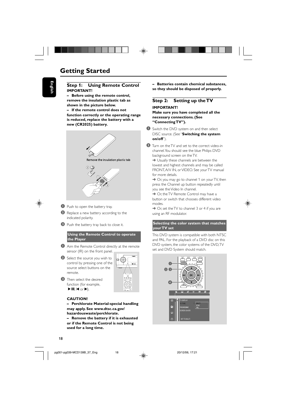 Getting started, Step 1: using remote control, Step 2: setting up the tv | Philips DVD Micro Theater MCD139B User Manual | Page 18 / 40