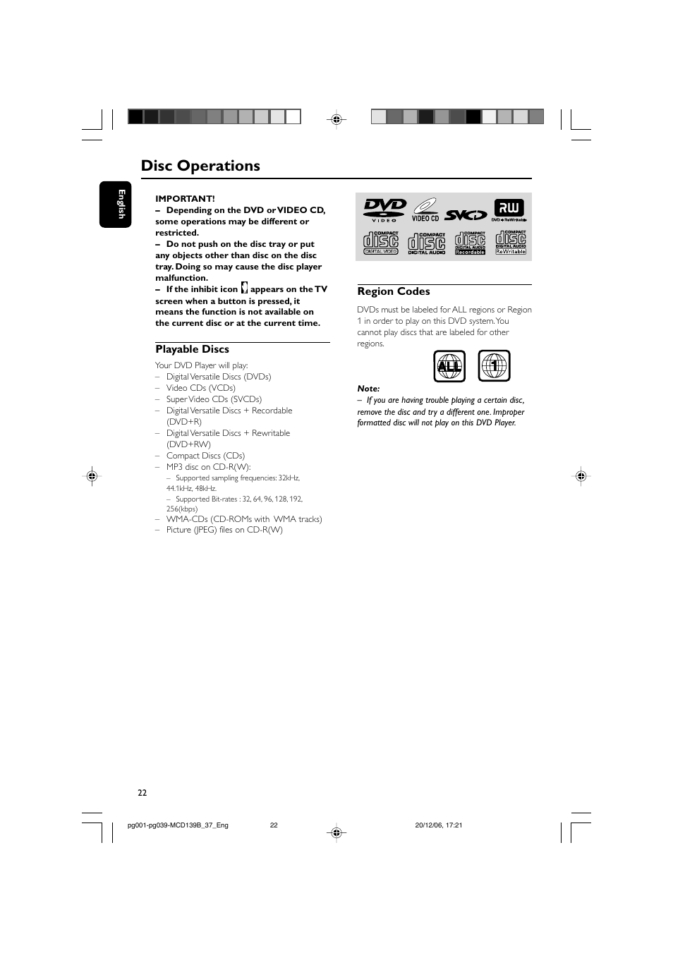 Disc operations, Playable discs, Region codes | Philips DVD Micro Theater MCD139B User Manual | Page 22 / 40