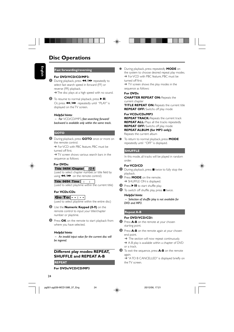 Disc operations | Philips DVD Micro Theater MCD139B User Manual | Page 24 / 40