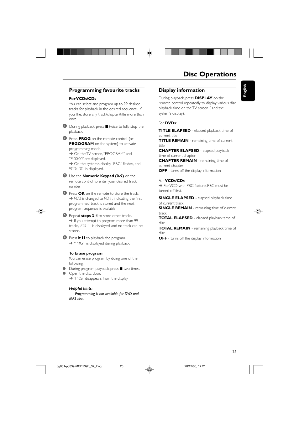 Disc operations, Display information, Programming favourite tracks | Philips DVD Micro Theater MCD139B User Manual | Page 25 / 40