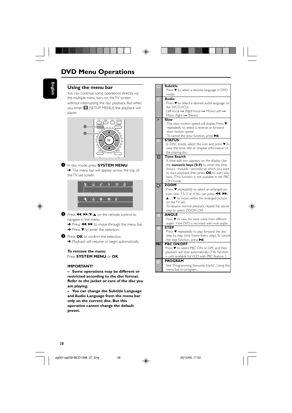 Dvd menu operations, Using the menu bar | Philips DVD Micro Theater MCD139B User Manual | Page 28 / 40