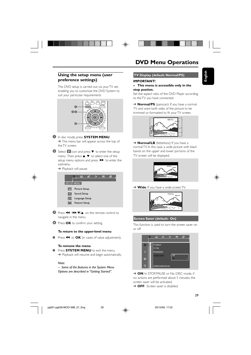 Dvd menu operations, Using the setup menu (user preference settings) | Philips DVD Micro Theater MCD139B User Manual | Page 29 / 40