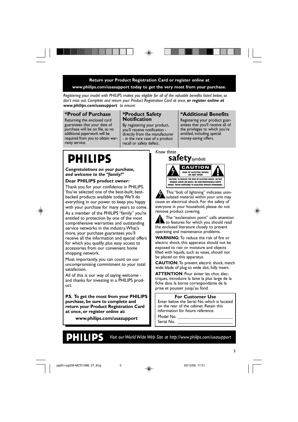 Safety, Proof of purchase, Product safety notification | Additional benefits | Philips DVD Micro Theater MCD139B User Manual | Page 3 / 40