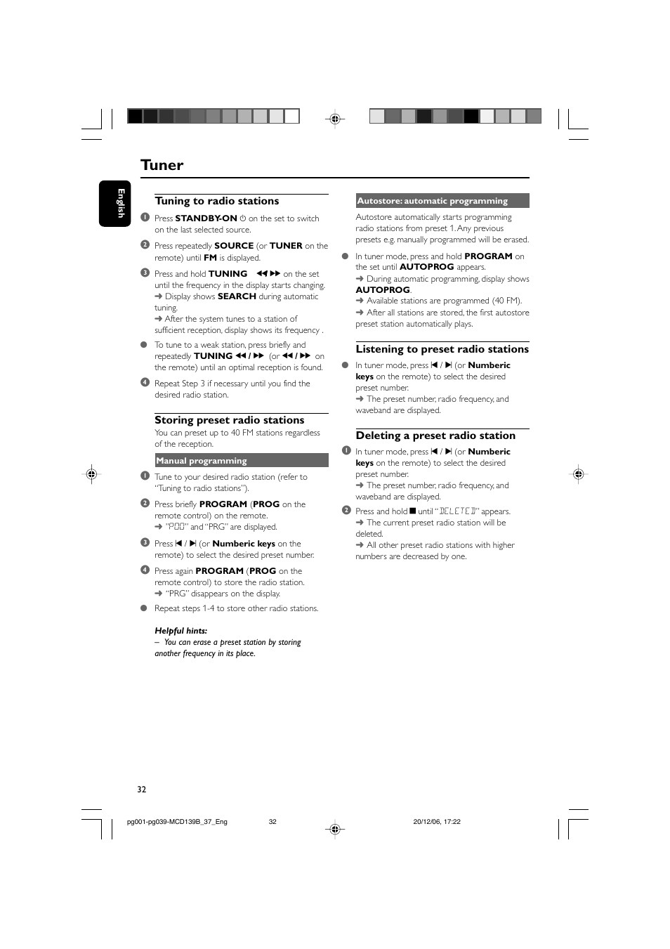 Tuner | Philips DVD Micro Theater MCD139B User Manual | Page 32 / 40