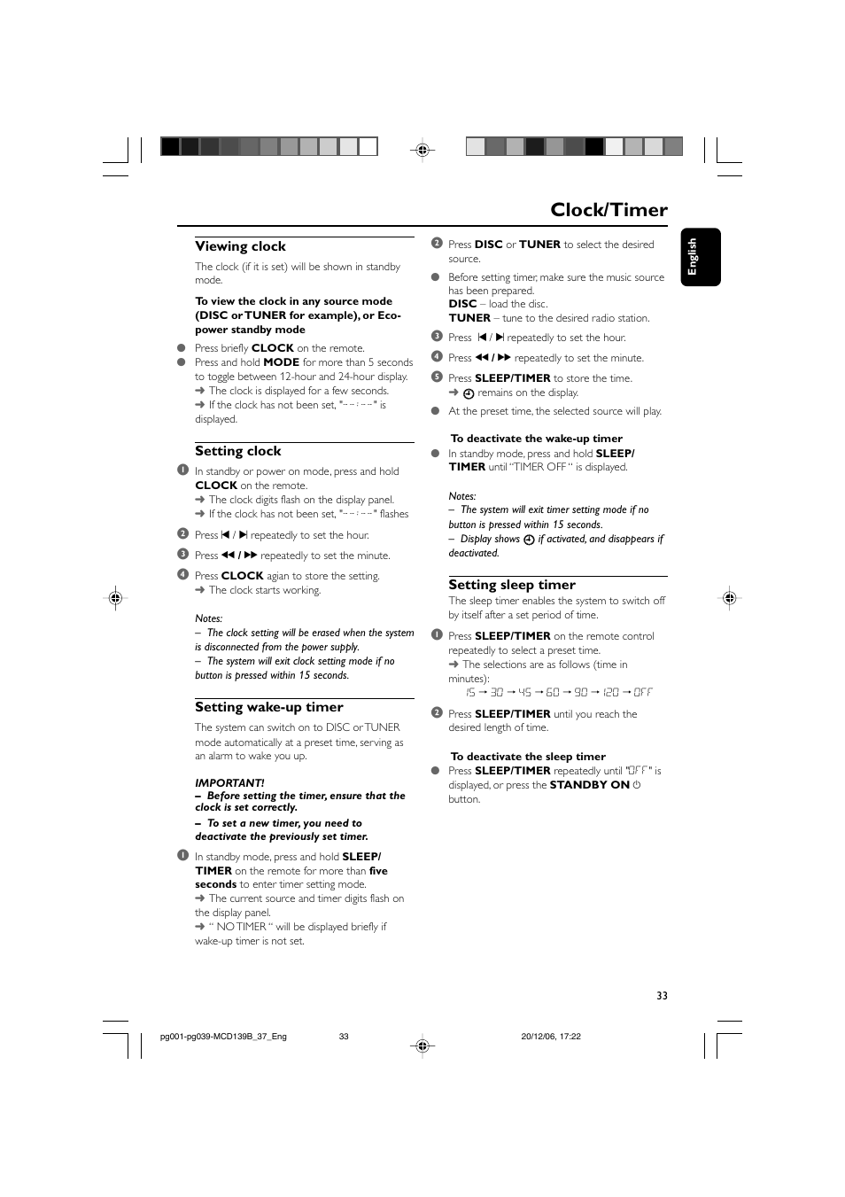 Clock/timer | Philips DVD Micro Theater MCD139B User Manual | Page 33 / 40