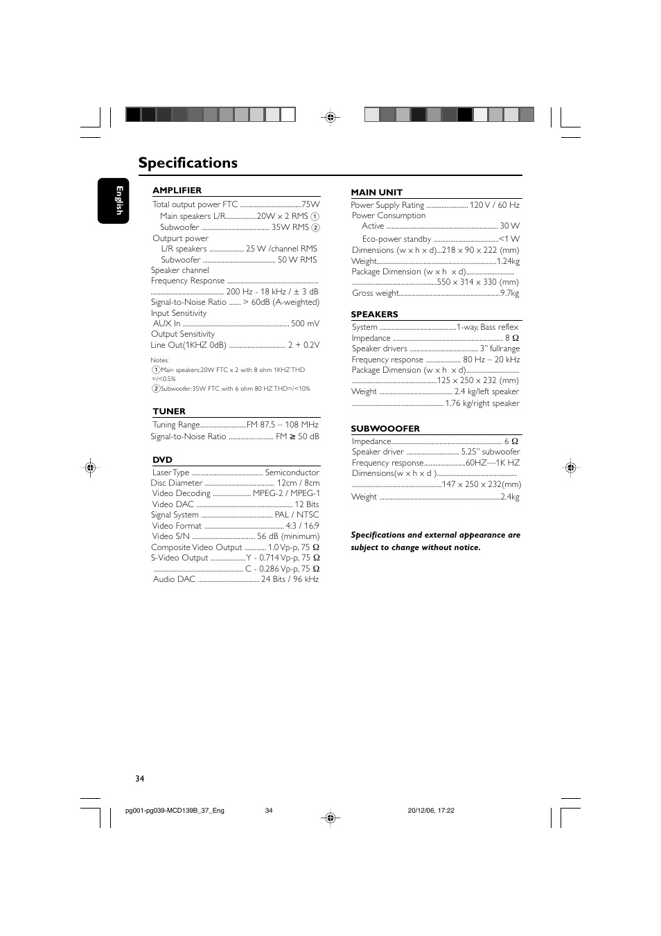 Specifications | Philips DVD Micro Theater MCD139B User Manual | Page 34 / 40