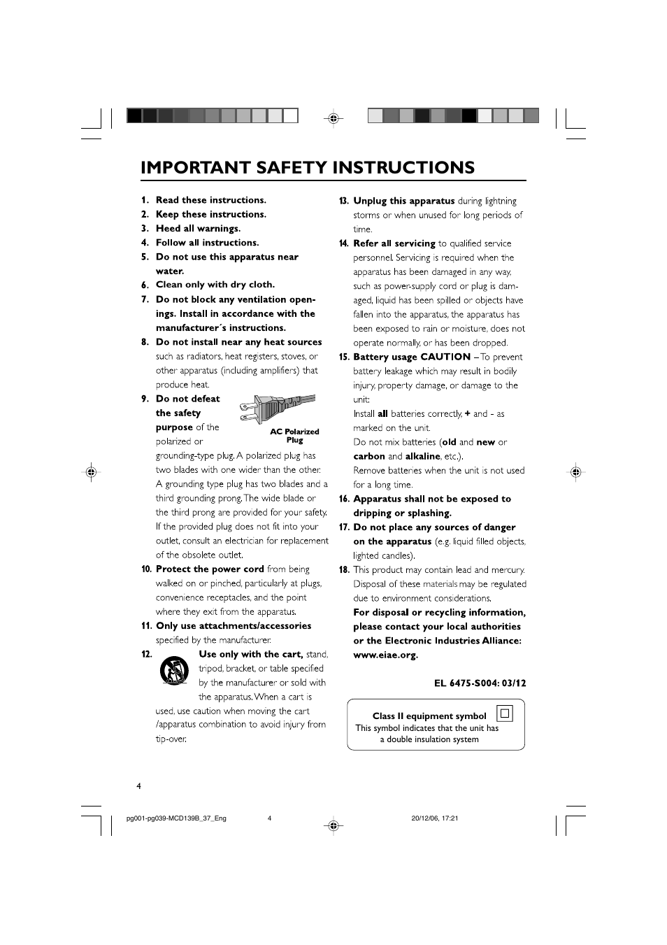 Important safety instructions | Philips DVD Micro Theater MCD139B User Manual | Page 4 / 40