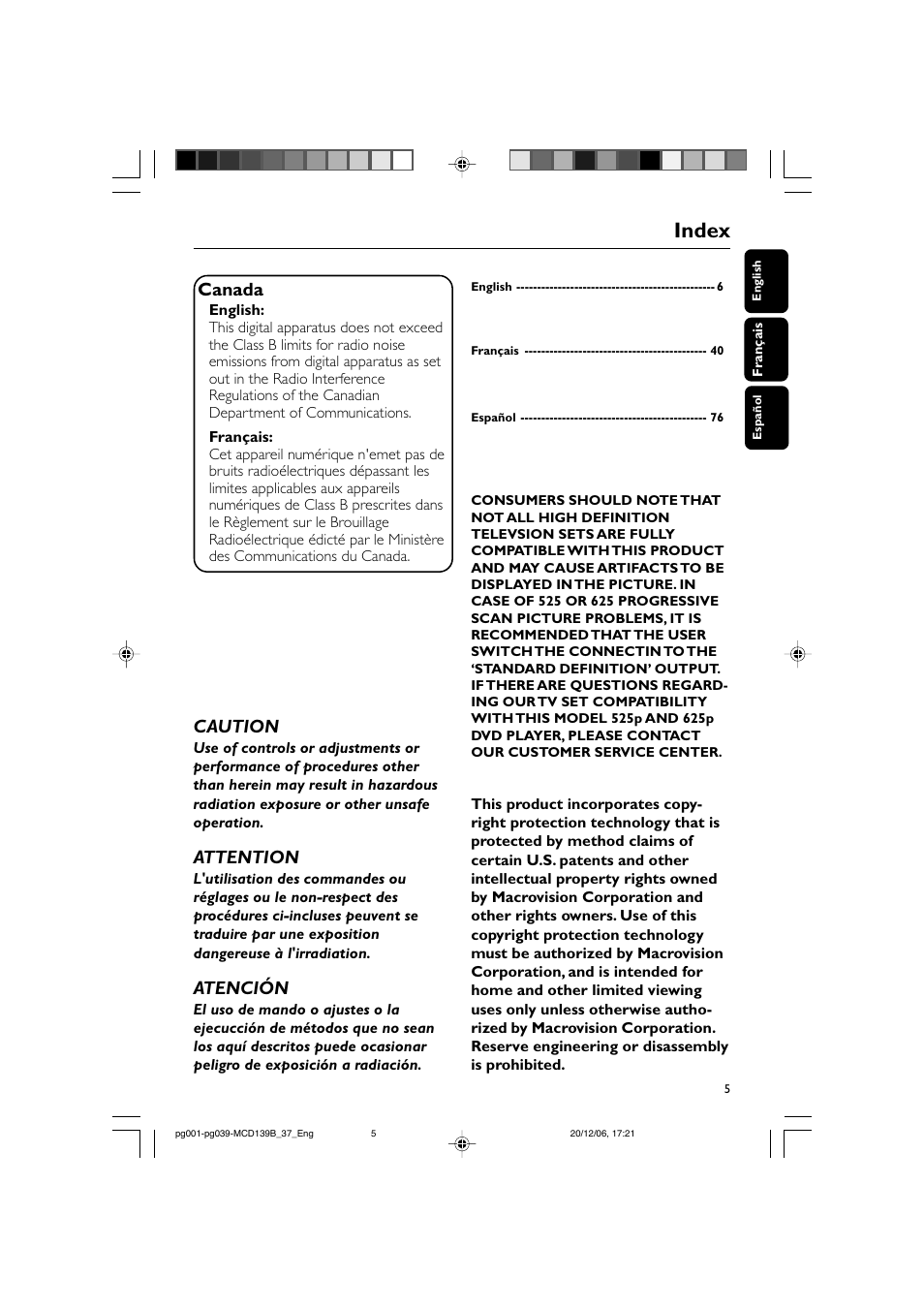 Index, Canada, Caution | Attention, Atención | Philips DVD Micro Theater MCD139B User Manual | Page 5 / 40