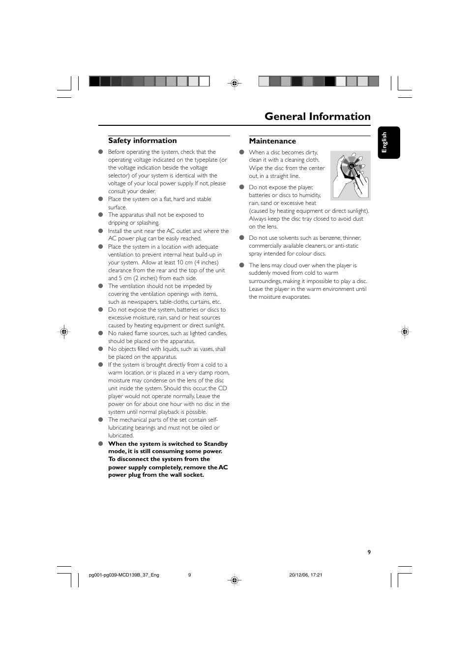 General information, Safety information, Maintenance | Philips DVD Micro Theater MCD139B User Manual | Page 9 / 40