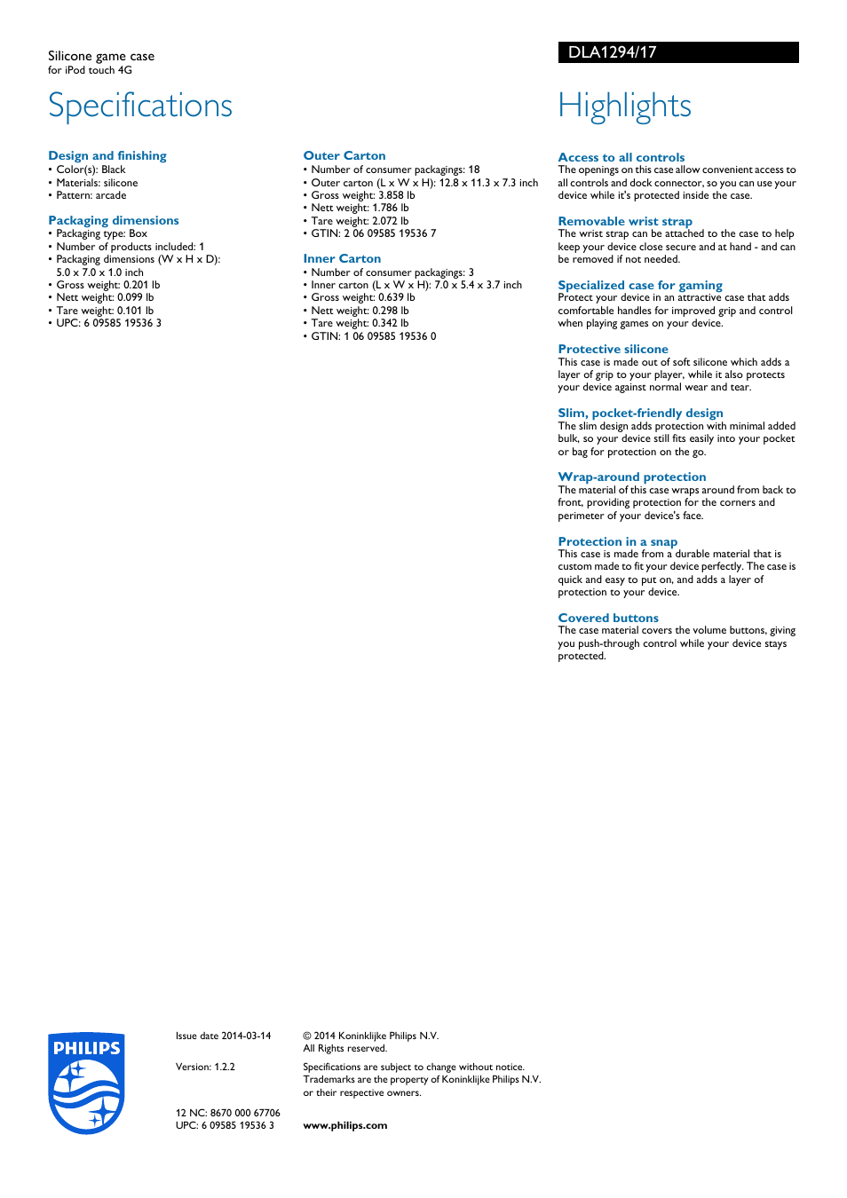 Specifications, Highlights | Philips DLA1294-17 User Manual | Page 2 / 2