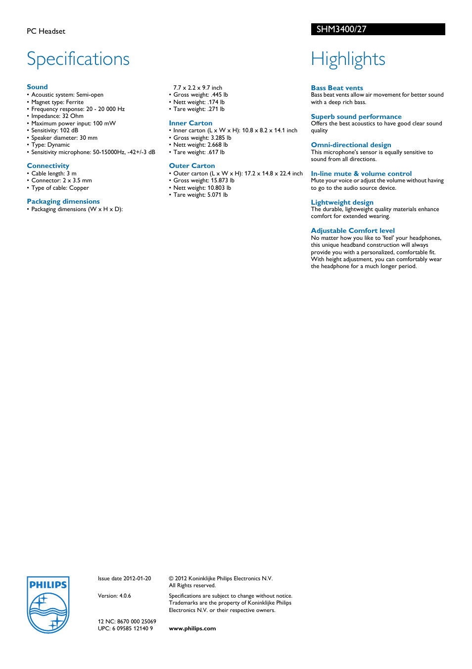 Specifications, Highlights | Philips SHM3400-27 User Manual | Page 2 / 2