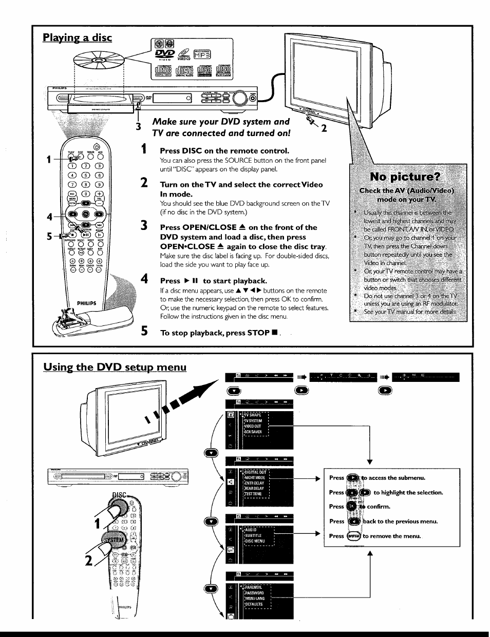 No picture, Playing a disc, O © o o | Using the dvd setup menu | Philips MX6050D-17 User Manual | Page 14 / 53