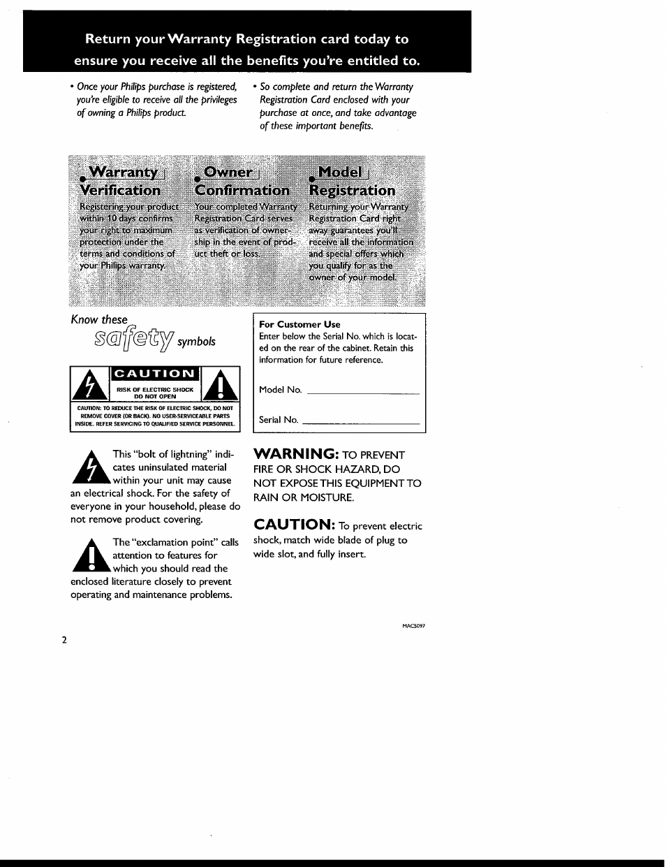 Warranty ! verification, Owner i confirmation, Model i registration | Warning, Caution | Philips MX6050D-17 User Manual | Page 2 / 53