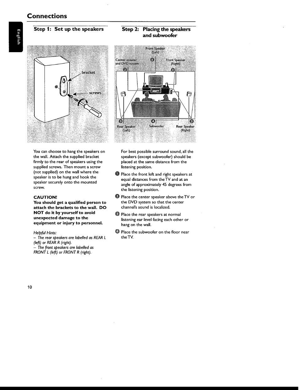 Step 1: set up the speakers, Step 2: placing the speakers and subwoofer, Caution | Connections | Philips MX6050D-17 User Manual | Page 24 / 53