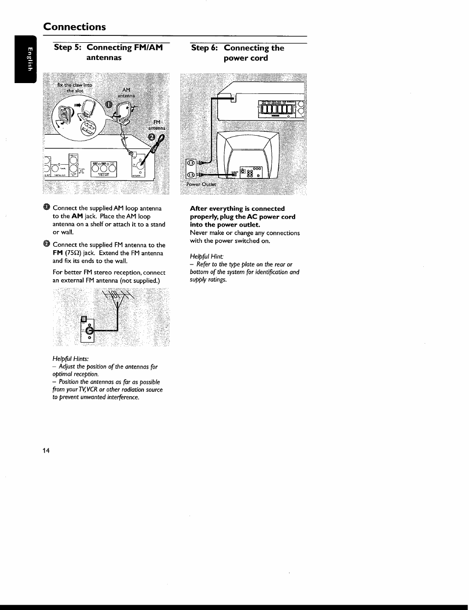 Step 5: connecting fm/am antennas, Step 6: connecting the power cord, Connections | Philips MX6050D-17 User Manual | Page 28 / 53