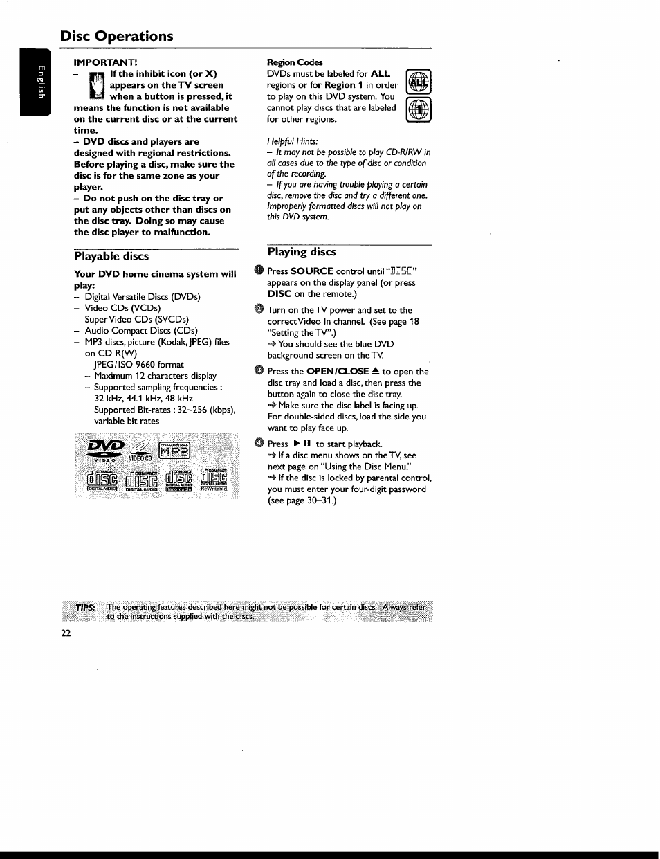 Important, Playable discs, Playing discs | Playable discs playing discs, Disc operations | Philips MX6050D-17 User Manual | Page 36 / 53