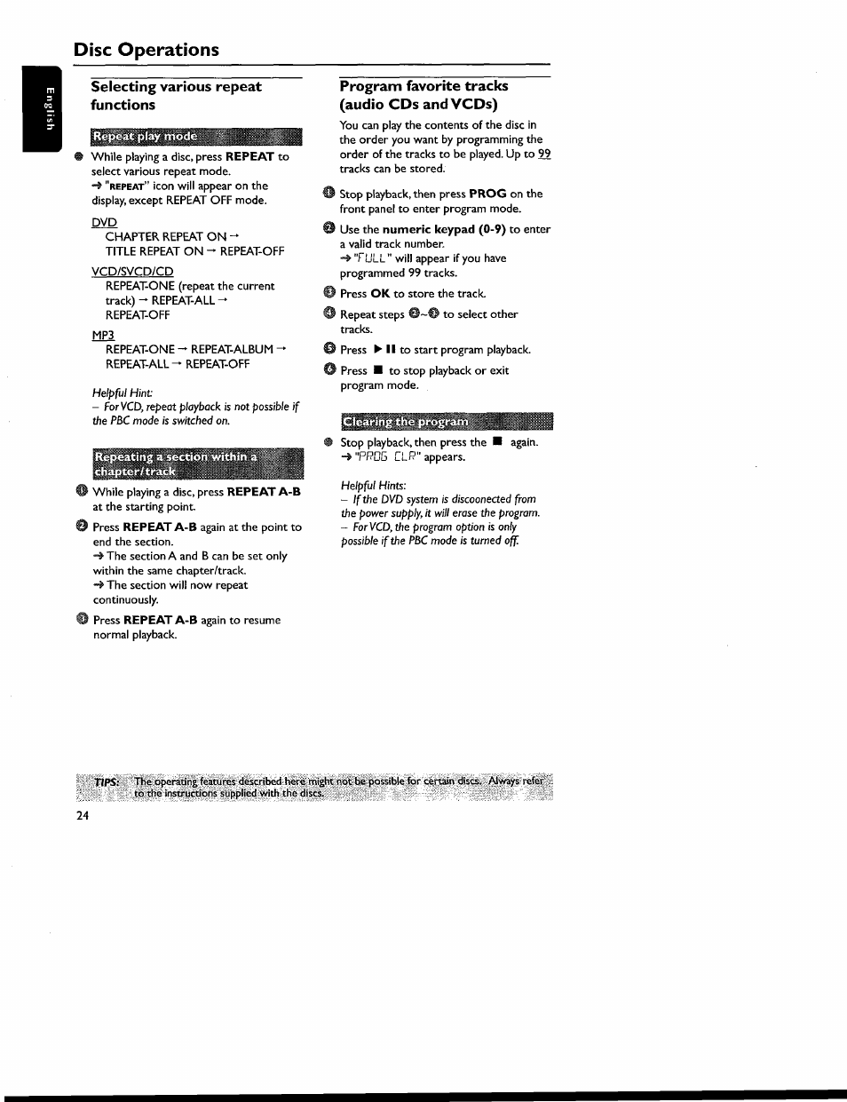 Selecting various repeat functions, Program favorite tracks (audio cds and vcds), Disc operations | Philips MX6050D-17 User Manual | Page 38 / 53