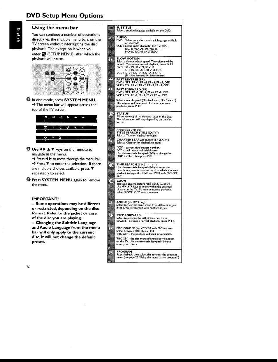 Using the menu bar, Important, Dvd setup menu options | Philips MX6050D-17 User Manual | Page 40 / 53