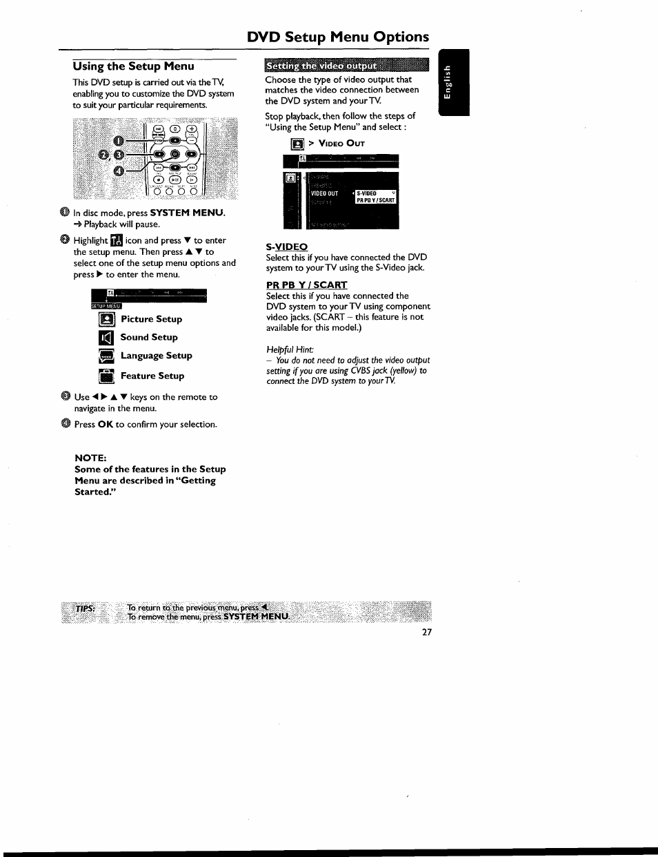 Using the setup menu, Iggi feature setup, Setting the video output | S-video, Pr pb y / scart, Note, Dvd setup menu options | Philips MX6050D-17 User Manual | Page 41 / 53