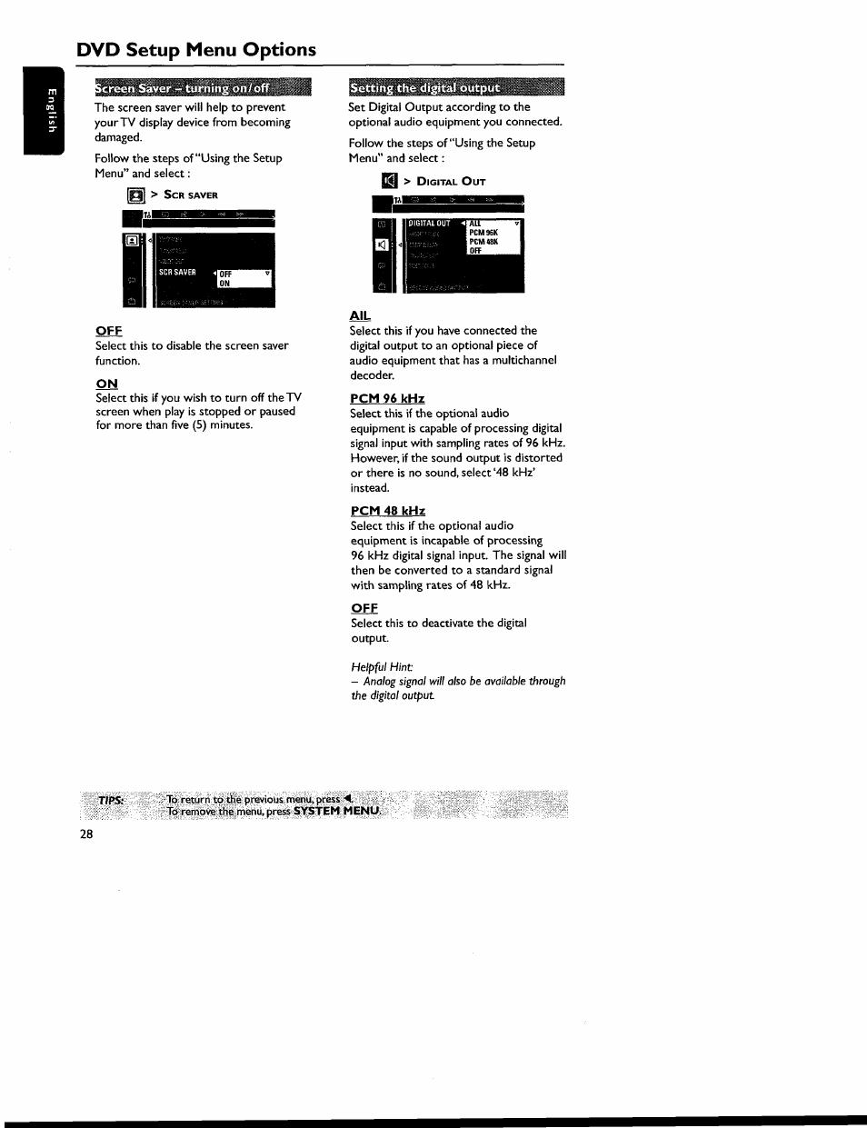 Pcm 96 khz, Pcm 48 khz, Dvd setup menu options | Philips MX6050D-17 User Manual | Page 42 / 53