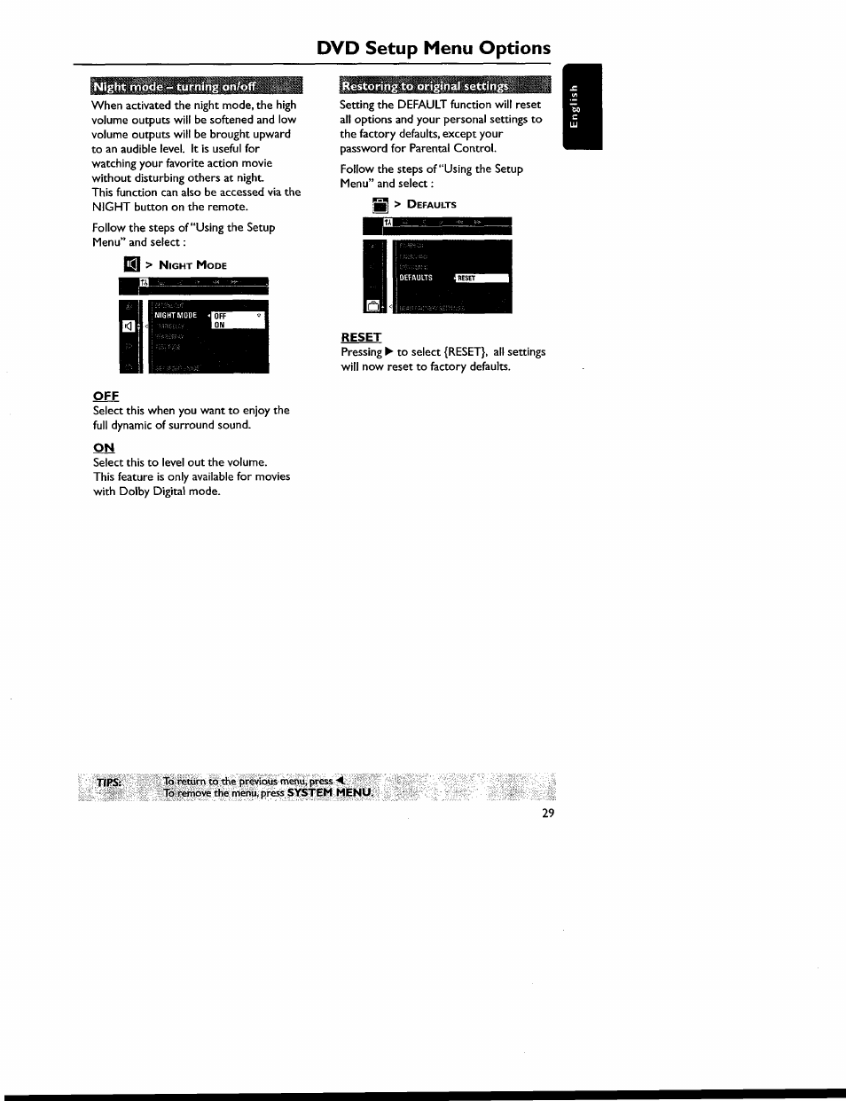 Dvd setup menu options | Philips MX6050D-17 User Manual | Page 43 / 53