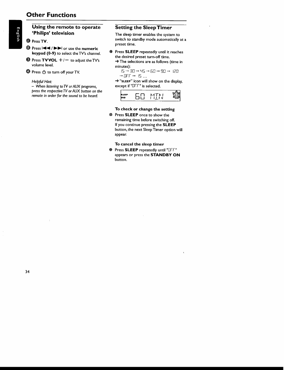 Using the remote to operate ‘philips’ television, Setting the sleep timer, To check or change the setting | To cancel the sleep timer, Other functions | Philips MX6050D-17 User Manual | Page 48 / 53