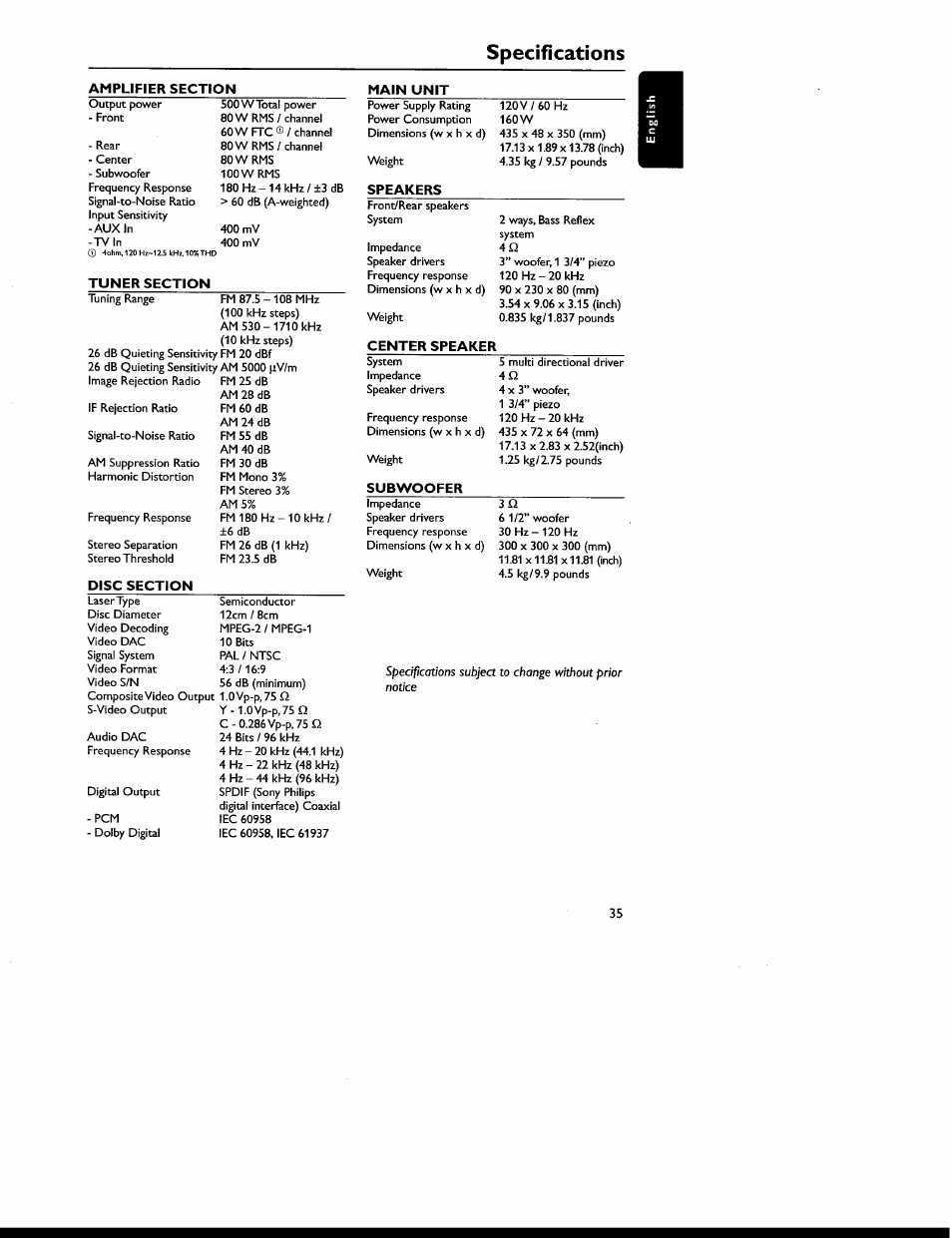 Specifications | Philips MX6050D-17 User Manual | Page 49 / 53