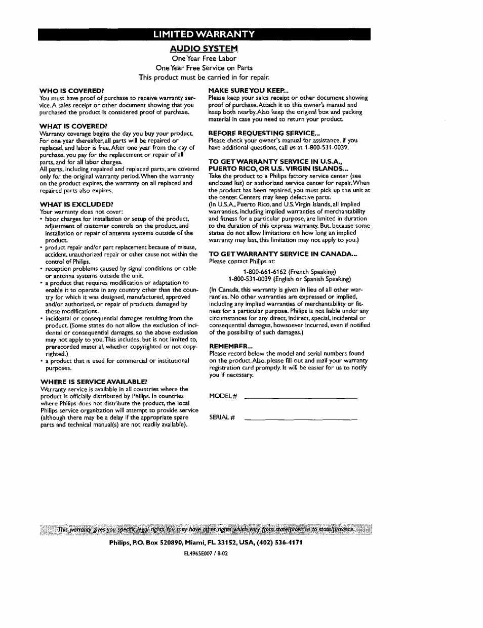 Who is covered, What is covered, What is excluded | Where is service available, Make 5ureyou keep, Before requesting service, To getwarranty service in u.s.a, Puerto rico, or u.s. virgin islands, To getwarranty service in canada, Remember | Philips MX6050D-17 User Manual | Page 53 / 53