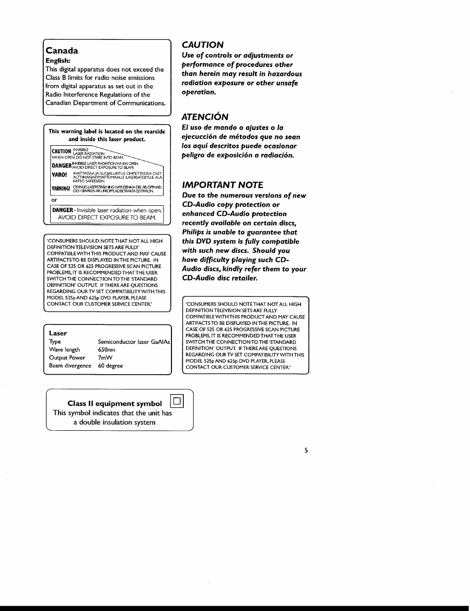 Canada, Caution, Atención | Class ii equipment symbol, English, Laser | Philips MX6050D-17 User Manual | Page 8 / 53