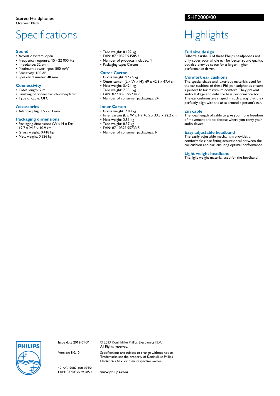 Specifications, Highlights | Philips SHP2000-00 User Manual | Page 2 / 2