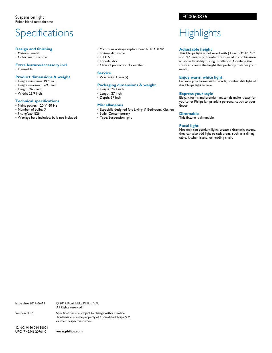 Specifications, Highlights | Philips FC0063836 User Manual | Page 2 / 2