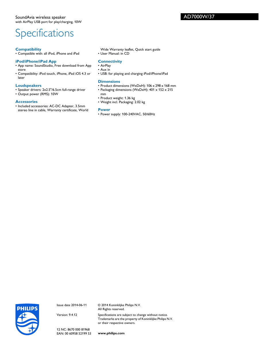 Specifications | Philips AD7000W-37 User Manual | Page 3 / 3