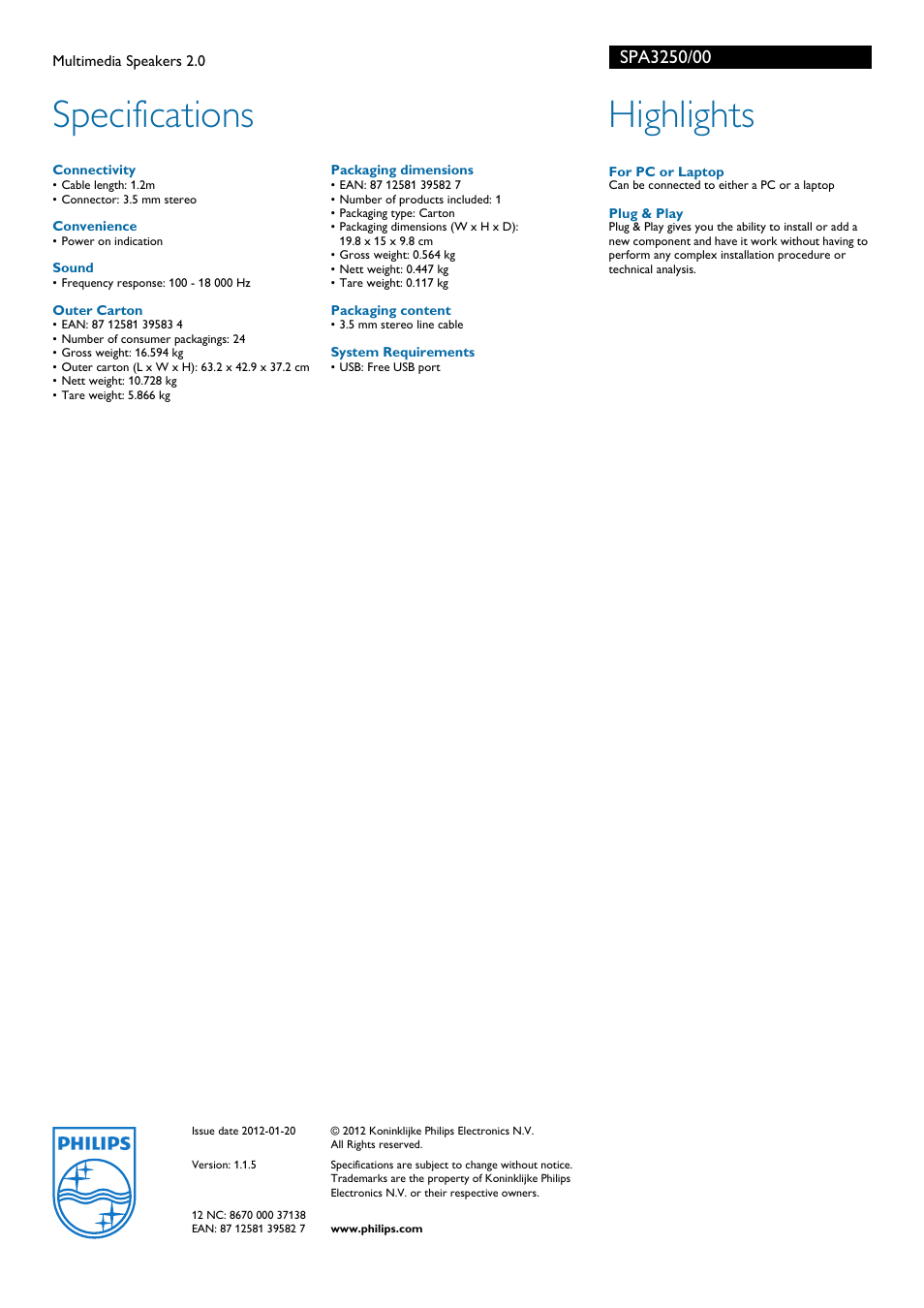 Specifications, Highlights | Philips SPA3250-00 User Manual | Page 2 / 2