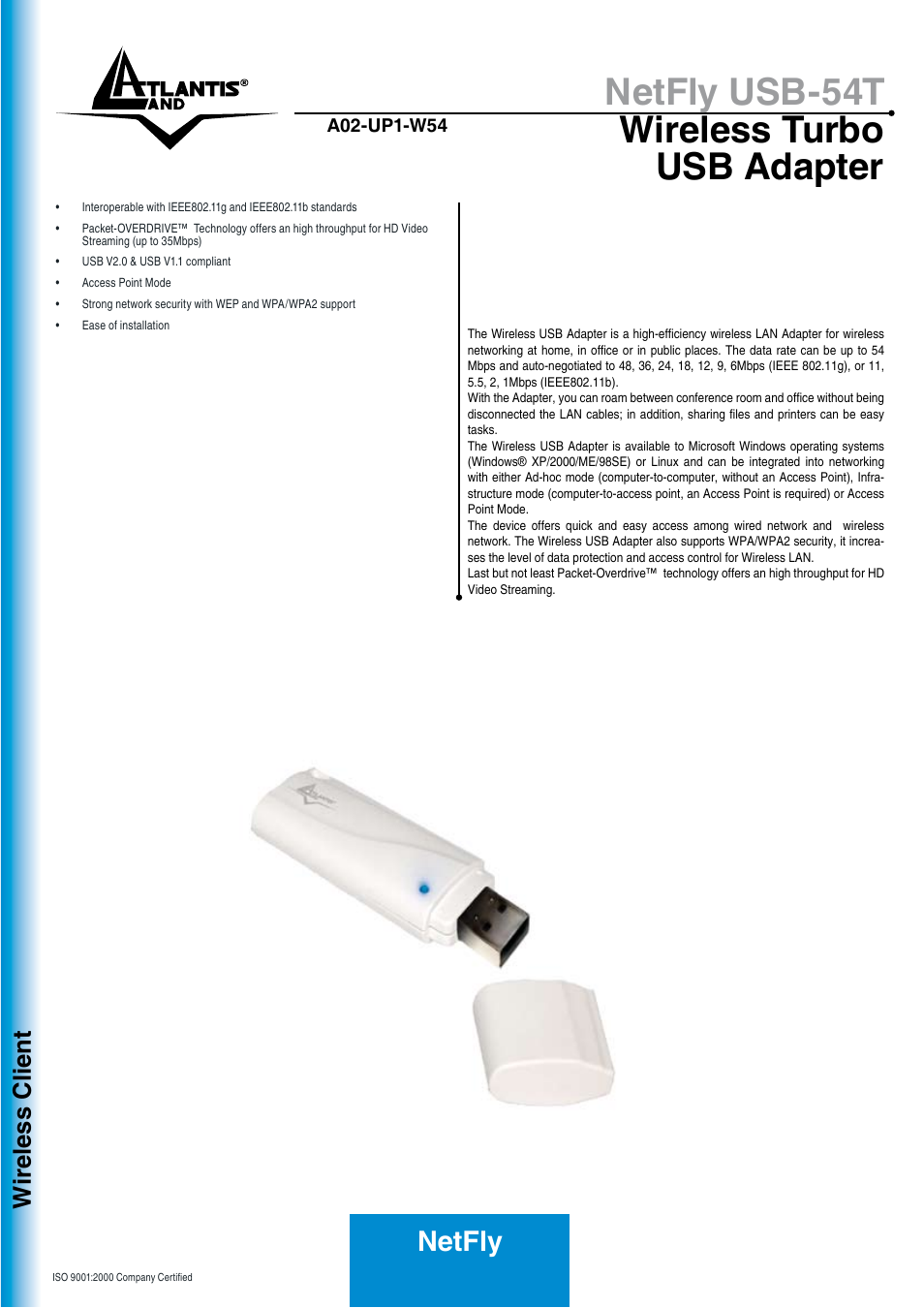 Atlantis Land Wireless Turbo USB Adapter A02-UP1-W54 User Manual | 2 pages