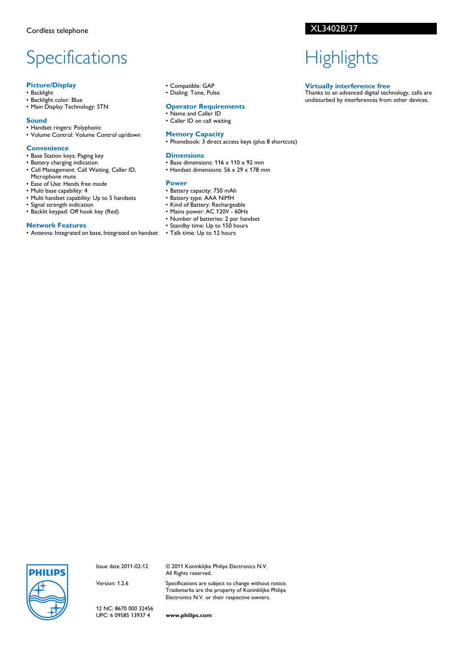 Specifications, Highlights | Philips XL3402B-37 User Manual | Page 2 / 2