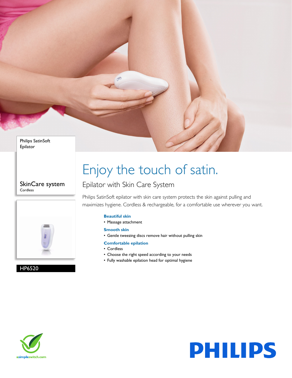 Philips SatinSoft Epilator HP6520 SkinCare system Cordless User Manual | 2 pages